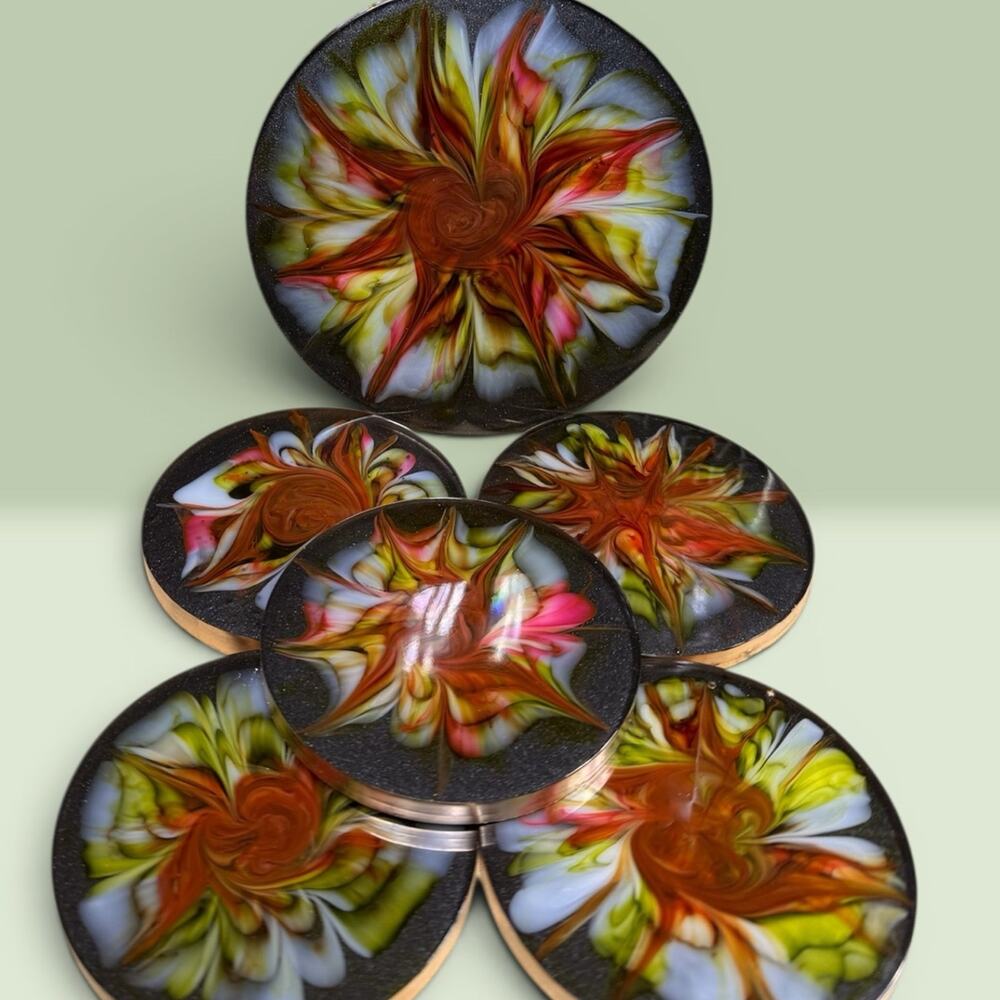 Handcrafted Resin Bloom Coaster Set of 6 | Abstract Floral Art Drink Coasters
